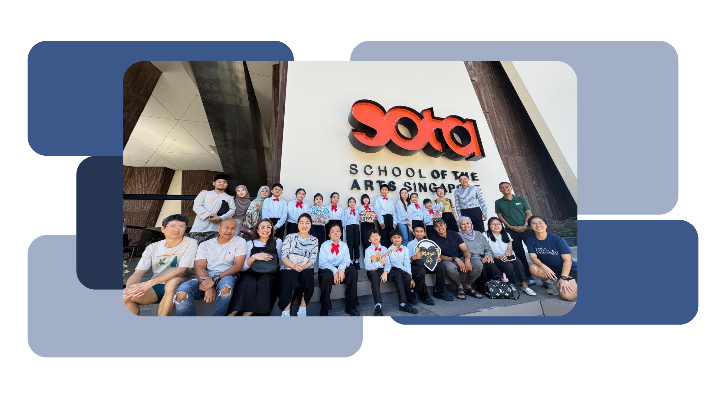 Guitar Ensemble members in white shirts and red bow ties posing with teachers and parents for a group photo outside the School of the Arts (SOTA) Singapore.